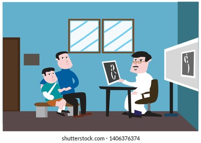 A kid with broken bones is accompanied by a guardian or teacher to visit a specialist. Editable Clip Art.