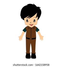 a kid in brown uniform with a dynamic hairdo