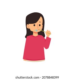 Kid bürstet Zähne mit Zahnbürste auf flacher Vektorgrafik einzeln auf weißem Hintergrund. Cute Cartoon kleine Mädchen kümmert sich um die Zähnenhygiene. Zahnmedizin