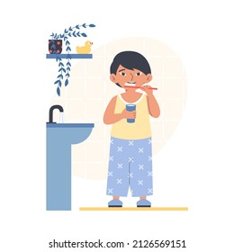 Kid brushing teeth in bathroom with toothpaste, cartoon flat vector illustration isolated on white background. Toothbrush procedure for children hygiene.