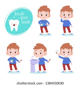 Kid Brushing Teeth Vector Illustration Isolated