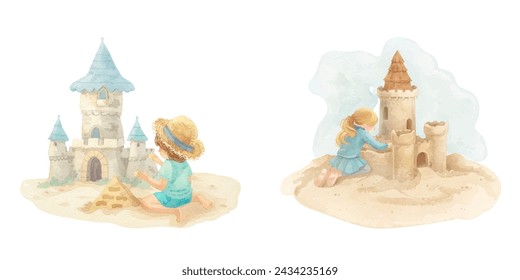 kid build sand castle watercolour vector illustration 