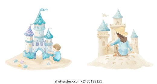 kid build sand castle watercolour vector illustration