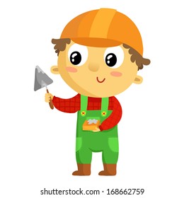 Kid builder, cartoon character isolated on white
