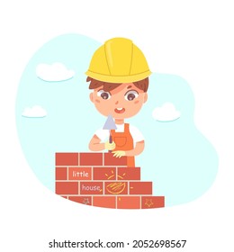 Constructor de niños trabajando en la construcción de ilustraciones vectoriales. Caricatura lindo trabajador niño personaje en casco sujetando una carreta para construir una pared de ladrillo, niños de capa de ladrillo trabajan aislados en blanco