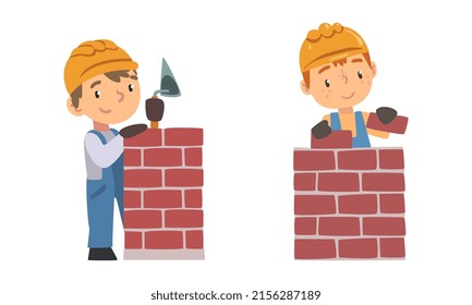 Kid builders working with construction tools set. Boys in overalls and safety hard hat building house wall with bricks cartoon vector illustration