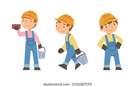 Kid builders working with construction tools set. Boys in overalls and safety hard hat cartoon vector illustration