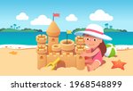Kid building big sandcastle sit on seashore. Cute happy girl child play sand castle using toys on sea or ocean sunny beach shore. Tourist holiday leisure activity. Flat vector character illustration