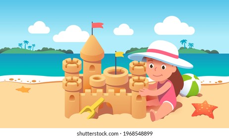 Kid building big sandcastle sit on seashore. Cute happy girl child play sand castle using toys on sea or ocean sunny beach shore. Tourist holiday leisure activity. Flat vector character illustration