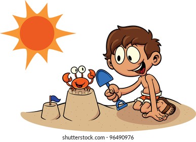 Kid building a sand castle. Vector illustration. All in a single layer.