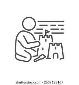 Kid building sandcastle icon. Thin line editable stroke vector illustration for summer beach activity, children fun, seaside holiday, and creative outdoor play.