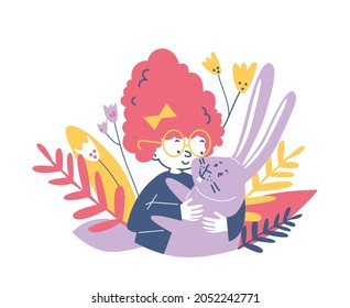 Kid with bushy red hair hugging bunny pet animal cartoon baby card. Redhead girl cuddle cute rabbit pet vector illustration, isolated on white background.