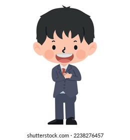 kid businessman making promise folds arms on chest