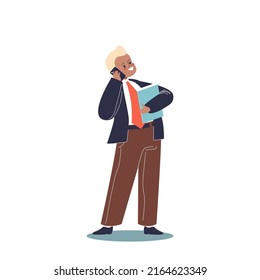 Kid Businessman. Small Boy Child In Formal Suit Holding Document Folder And Talk On Mobile Phone Work As Politician. Children And Professional Occupation Concept. Cartoon Flat Vector Illustration