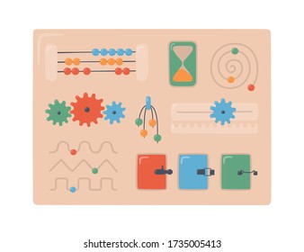 Kid busyboard. Children touch board for Montessori games. Education logic toys for preschool kids. Montessori system for early childhood development. Vector illustration on white background