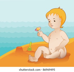 The kid and the butterfly on a beach