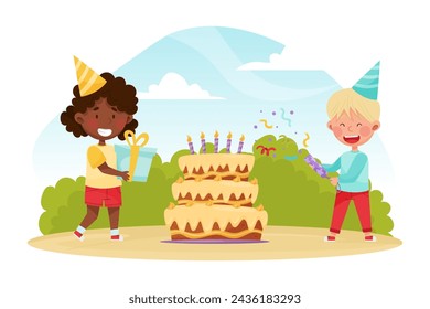 Kid with Cake and Gift Box Enjoy Party Celebration Vector Illustration