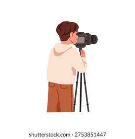 Kid with camera. Little boy standing behind tripod, filming, recording video, photographing. Creative child, videography and photography hobby. Flat vector illustration isolated on white background