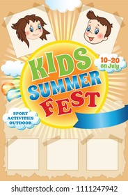 Kid Camp and Festival Vector Template, summer vacation advert design, event information flyer