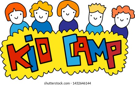 Kid camp hand drawn vector illustration logo for activities summer. Minimalism yellow red blue