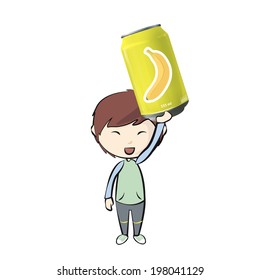  Kid with can of banana juice. Vector design 