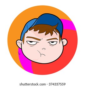 Kid With Cap (mumbling/munching expression), a hand drawn vector illustration of a kid wearing blue cap with mumbling/munching expression.