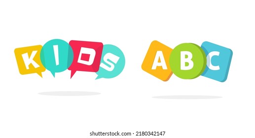 Kid care logo for child kindergarten preschool vector icon or baby speaking talking school and play zone cartoon fun with bubbles logotype, funny colorful study or learning education children element