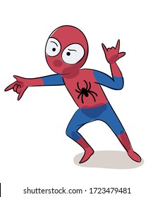 Kid in carnival suit. Boy wearing costume of modern superhero. Little spider man lets out cobweb gesture. Children games, imagination, happy childhood concept. Vector character illustration