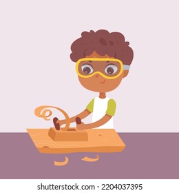 Kid carpenter working with jointer, woodwork profession vector illustration. Cartoon isolated little boy in goggles making joinery on table, child holding manual planer tool in workshop background