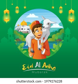 a kid carrying his goat for eid al adha greeting card