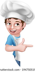 A kid cartoon boy chef, cook or baker child peeking around a sign and pointing at it