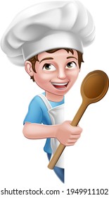 A kid cartoon boy chef, cook or baker child peeking around a sign and pointing at it with a wooden spoon