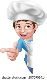 A kid cartoon boy chef, cook or baker child peeking around a sign and pointing at the viewer