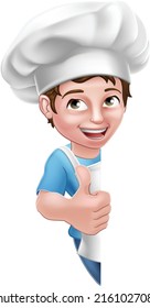 A kid cartoon boy chef, cook or baker child peeking around a sign and giving a thumbs up