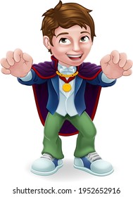 A kid cartoon boy child dressed in a vampire Halloween costume