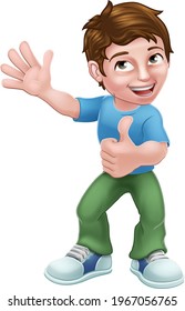 A kid cartoon boy child giving a thumbs up and waving