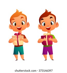 Kid Cartoon Character. Cute Boy with gift Vector Illustration
