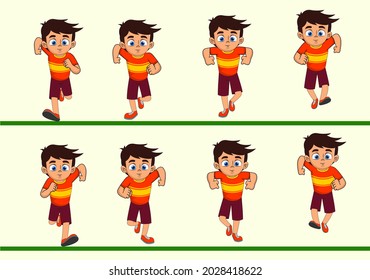 Kid Cartoon Character Front run cycle, frame by frame loopable vector file ready for 2D animation, easy editable source file for motion graphics, infographics, animated video, explanatory, E-learning