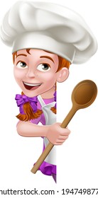 A kid cartoon girl chef, cook or baker child peeking around a sign and pointing at it with a wooden spoon