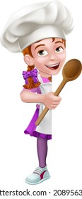 A kid cartoon girl chef, cook or baker child peeking around a sign and pointing at it with a wooden spoon