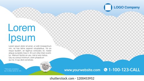 Kid cartoon graphic design layout template for advertising, creative & business concept, modern Nature background Cute element Sheep hill sky. Blue & White with Transparency theme, Vector illustration