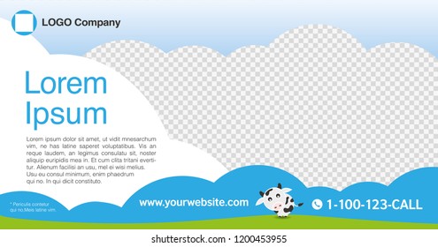Kid cartoon graphic design layout template for advertising, creative & business concept, modern Nature background Cute  Dairy Cow on hill sky. Blue & White with Transparency theme, Vector illustration