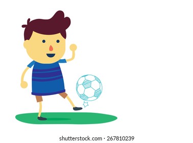 Kid cartoon in sportswear juggling with a soccer ball isolated on white background