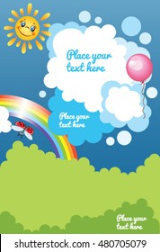 Plantilla de dibujo animado infantil con nubes, arco iris y lugares para el texto