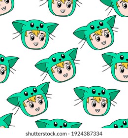 Kid Cat Costume Seamless Pattern Textile Print. Great For Summer Vintage Fabric, Scrapbooking, Wallpaper, Giftwrap. Repeat Pattern Background Design