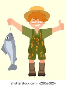 kid with caught fish vector cartoon