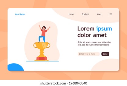 Kid celebrating triumph. Child winning competition, getting golden cup. Flat vector illustration. Award, prize, winner concept for banner, website design or landing web page