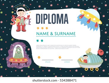 Kid certificate. Kindergarten, school diploma for graduate children. Space design template for victory award in scientific competition. Vector boy cosmonaut, alient, UFO rocket, spaceship illustration