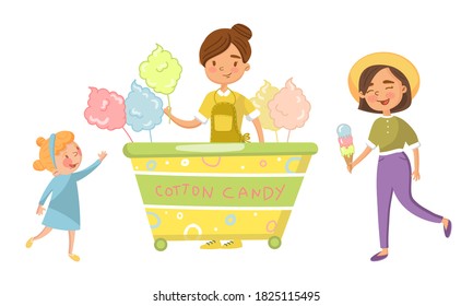 Kid Character Buying Cotton Candy and Girl Eating Ice Cream Vector Illustration Set