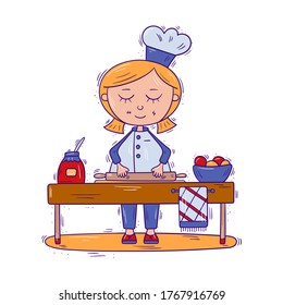 Kid character in chef's uniform with a rolling pin, a girl cooking standing at the table on the kitchen - Vector illustration isolated, cartoon style